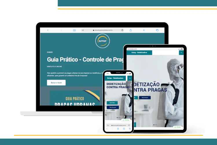 Mockup de site responsivo da DZTOP em laptop, tablet e smartphone, demonstrando fluidez de navegação.