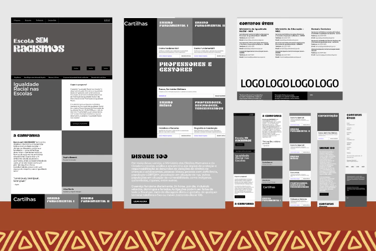 Fluxogramas e wireframes detalhando a estrutura de cartilhas, capacitação e contatos úteis do portal.
