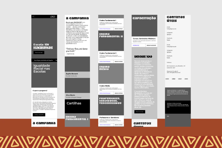Fluxogramas e wireframes detalhando a estrutura de cartilhas, capacitação e contatos úteis do portal.